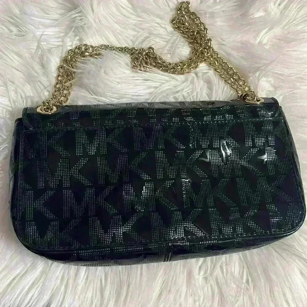 Michael Kors Black Patent Purse Gold Chain Crossbody - Picture 3 of 7